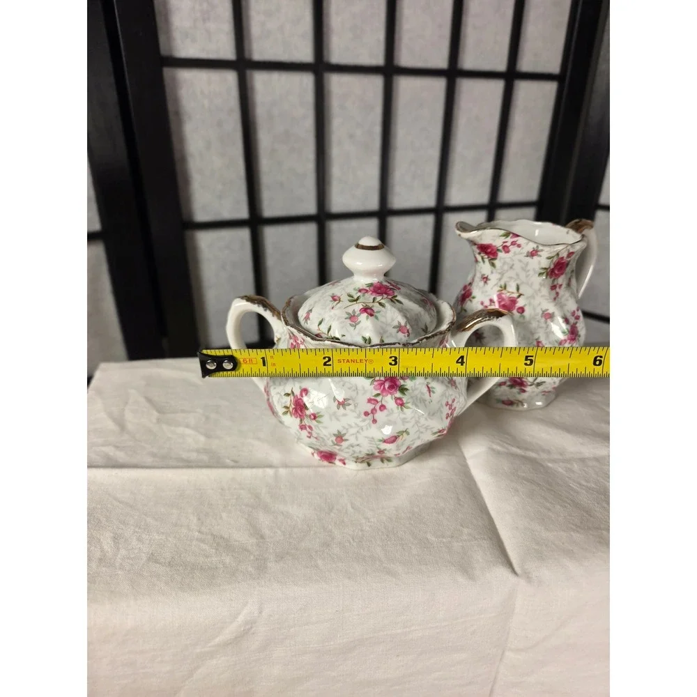 Vintage Porcelain Pink Rosebud Creamer and Lidded Sugar Bowl Set Gold Trim
